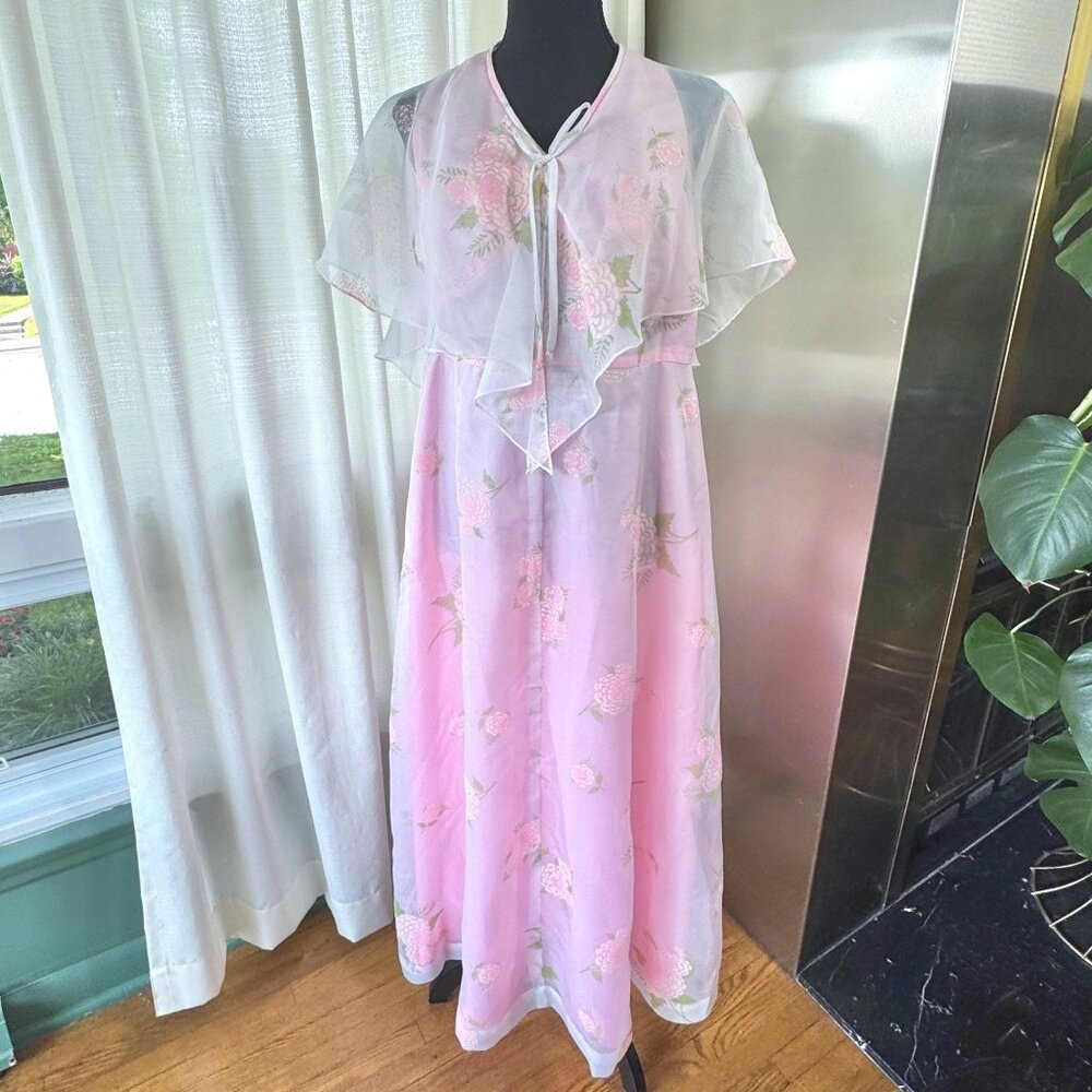 Vintage 1970s dress, pastel pink floral, capelet & train, sleeveless, open back